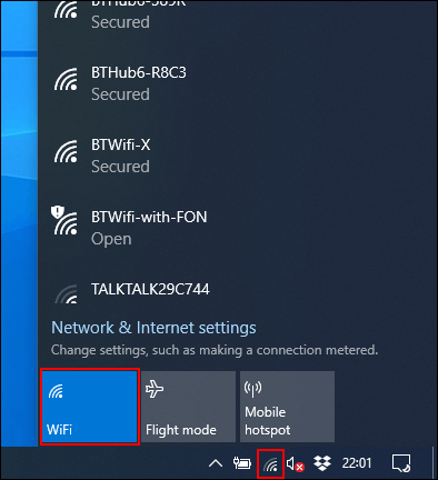 Tap on the WiFi menu in the Windows taskbar, then click the WiFi tile to enable or disable it