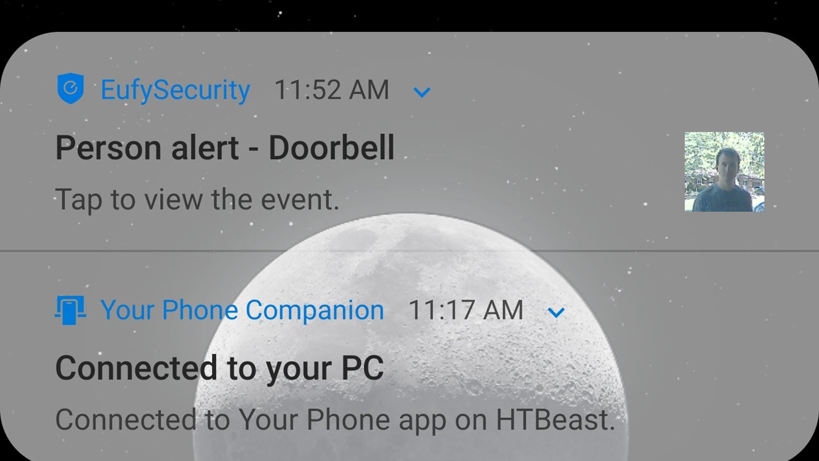 An Eufy Doorbell Android notification Person alert showing an image of a person at the door.
