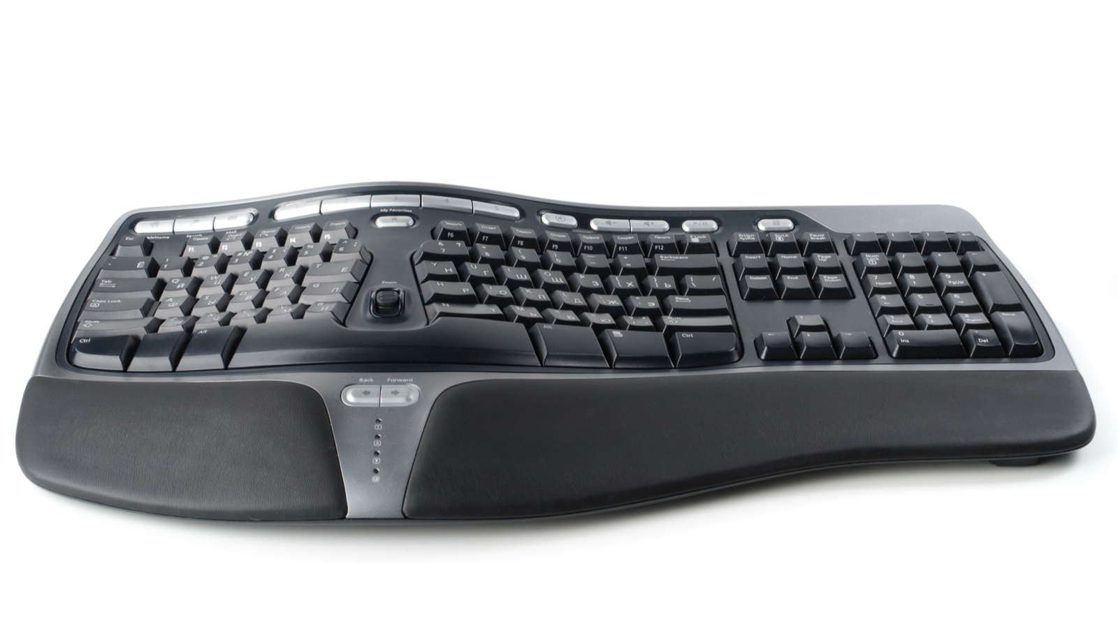 Modern black ergonomic computer keyboard against plain white background