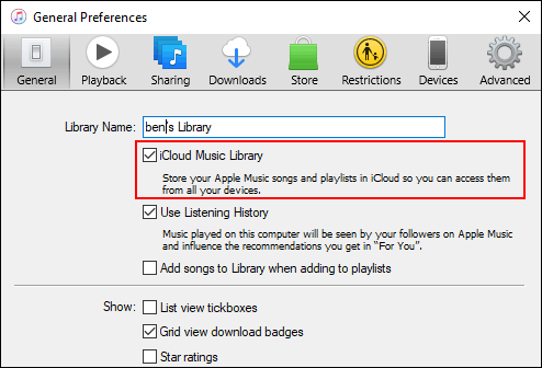 In the General tab of the iTunes preferences, click the iCloud Music Library checkbox