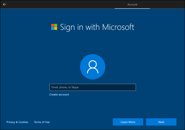 Windows 10 requiring a Microsoft account to continue.