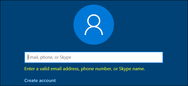 Windows 10 requesting a valid email address, phone number, or Skype name.