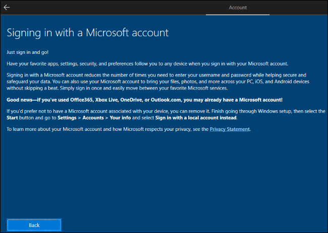 Windows 10 explaining you should create a Microsoft account and then remove it.