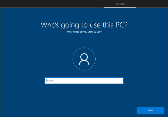 Creating a local user account in Windows 10's setup process.