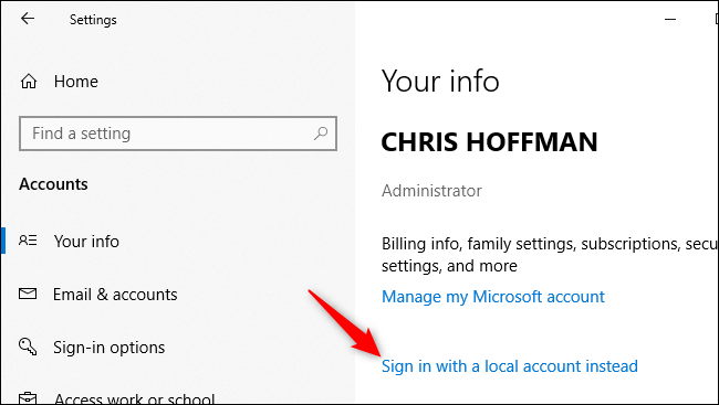 Converting a Microsoft account to a local one in Windows 10.
