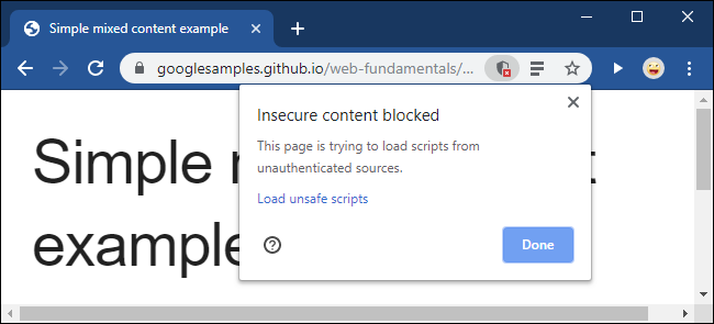 The Insecure content blocked message in Google Chrome.