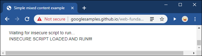 A Not Secure message after unblocking a mixed content script in Google Chrome.