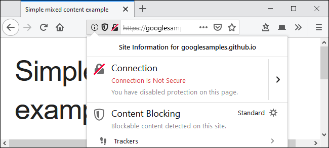 The Connection is Not Secure warning after unblocking mixed content in Firefox.