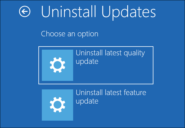 Uninstalling updates from Windows 10's advanced startup options menu.