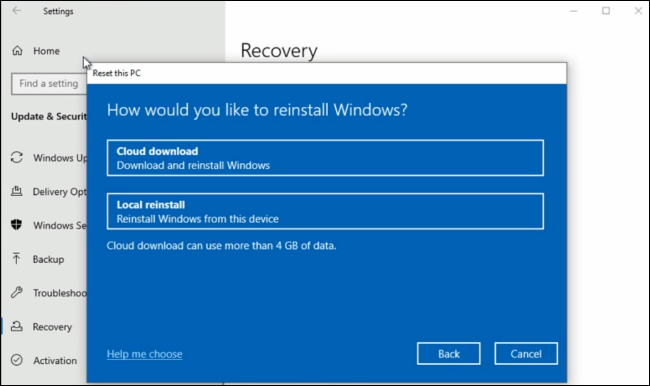 The Cloud Download option in Windows 10's Reset This PC interface.