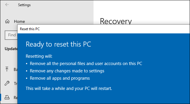 Resetting a PC from Windows 10's Settings app.
