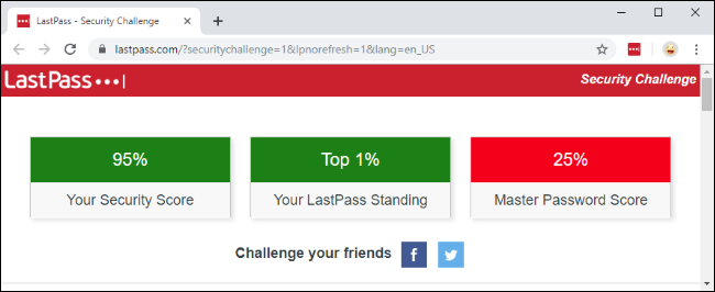 LastPass Security Challenge showing a good score with a bad master password score.
