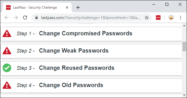 The LastPass Security Challenge showing compromised, weak, reused, and old passwords.