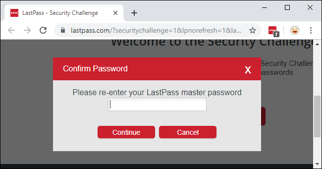 Entering your LastPass master password to start the Security Challenge.