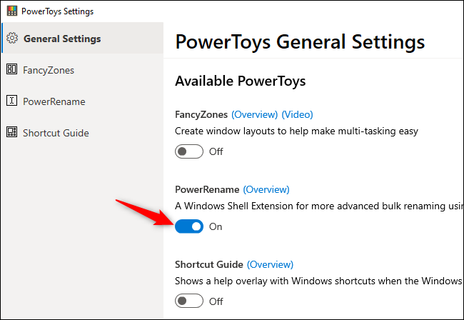 Enabling the PowerRename Windows shell extension in PowerToys Settings.