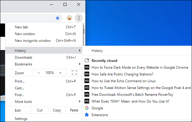 Reopening a closed tab from Chrome's History menu.