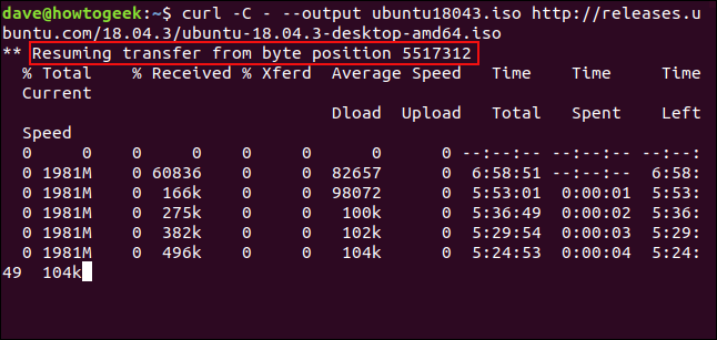 curl -C - --output ubuntu18043.iso http://releases.ubuntu.com/18.04.3/ubuntu-18.04.3-desktop-amd64.iso in a terminal window