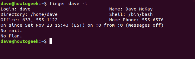 finger dave -l in a terminal window
