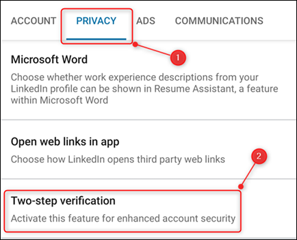 The Privacy tab, with the &quot;Two-step verification&quot; option highighted.