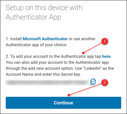 LinkedIn's instructions for adding the account to an authenticator app.