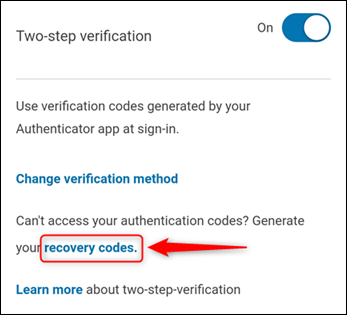 The &quot;Two-step verification&quot; settings, with &quot;recovery codes&quot; highlighted.