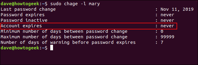 Output from chage command, showing an expiry date of never in a terminal window