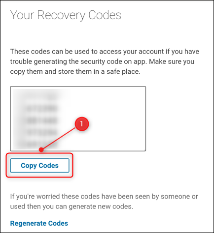 The recovery codes, with &quot;Copy Codes&quot; highlighted.
