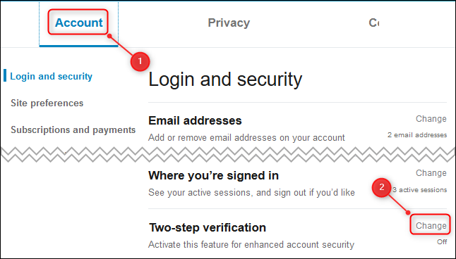 The Account tab, and the &quot;Two-step verification&quot; option.