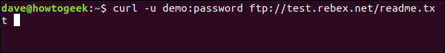 curl -u demo:password ftp://test.rebex.net/readme.txt in a terminal window