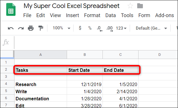 Create a table with three headings: Tasks, Start Date, and End Date. Fill it out with your project's data.
