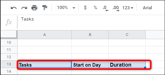 Make another table underneath the previous one with these three headings: Tasks, Start on Day, and Duration.