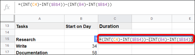 To calculate the number of days that each task is projected to take, type in the following formula and press the Enter key.