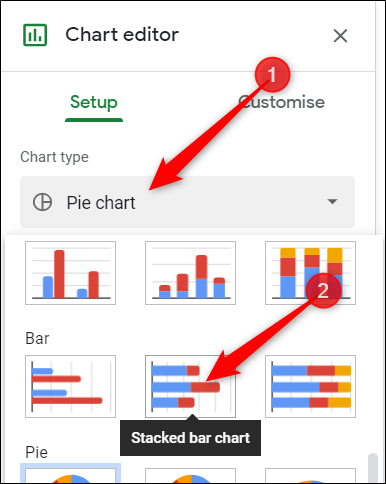From the Chart editor pane, click the dropdown box for chart type, scroll down to the heading Bar, and then choose &quot;Stacked Bar Graph.&quot;