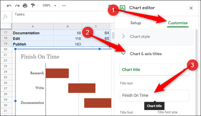 Next, give your Gantt chart a title by clicking on the Customise tab, Chart &amp; axis titles, and then type it into the &quot;Title text&quot; box provided.