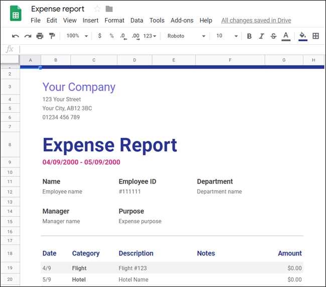An &quot;Expense Report&quot; spreadsheet in Google Sheets.