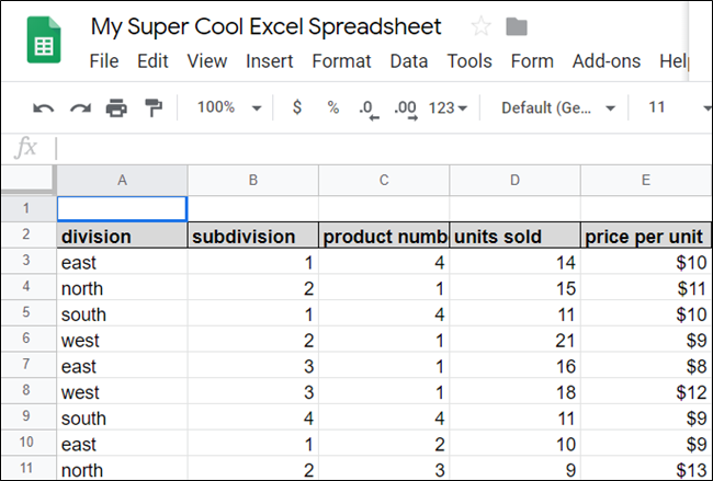 A spreadsheet in Google Sheets.