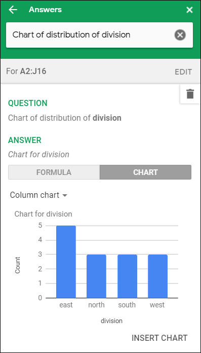 A column chart showing sales by division in the &quot;Answers&quot; section of Explore.
