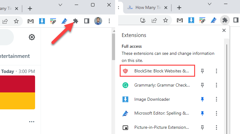 Select the puzzle icon in the toolbar and click &quot;BlockSite.&quot;