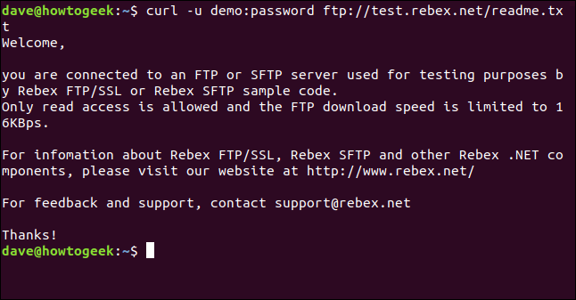 The contents of a file retrieved from an FTP server displayed in a terminal window