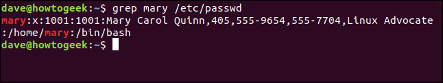 grep mary /etc/passwd in a terminal window