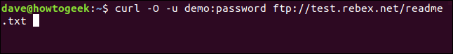 curl -O -u demo:password ftp://test.rebex.net/readme.txt in a terminal window