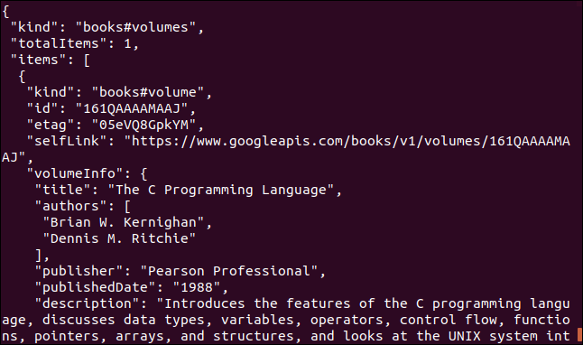 Google book API data displayed in a terminal window