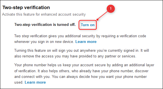 The &quot;Two-step verification&quot; option with &quot;Turn on&quot; highlighted.