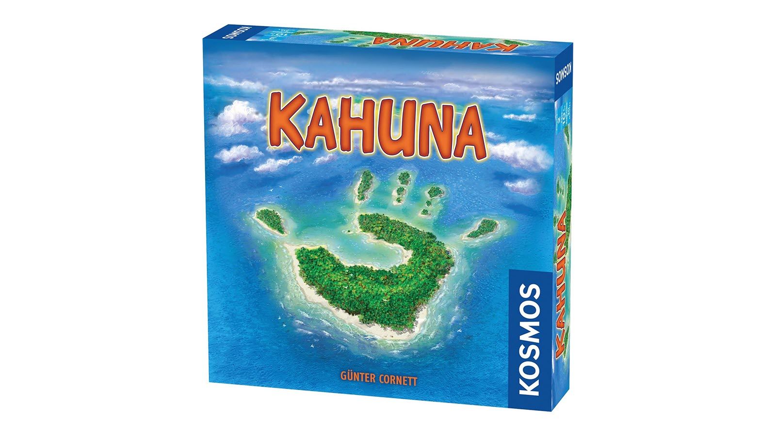 The Kahuna board game box, featuring a hand-shaped island.