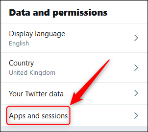 The &quot;Data and permissions&quot; menu with the &quot;Apps and sessions&quot; option highlighted.