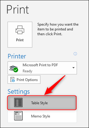 The Print Settings, with &quot;Table Style&quot; highlighted.