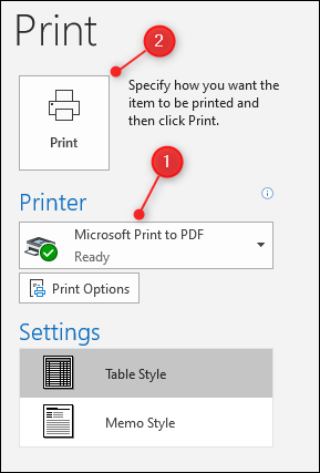 Outlook's Print options, with the Printer choice and Print button both highlighted.