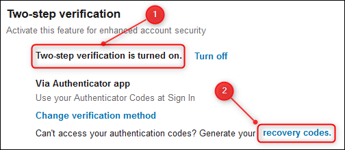 The &quot;Two-step verification&quot; settings, with &quot;recovery codes&quot; highlighted.