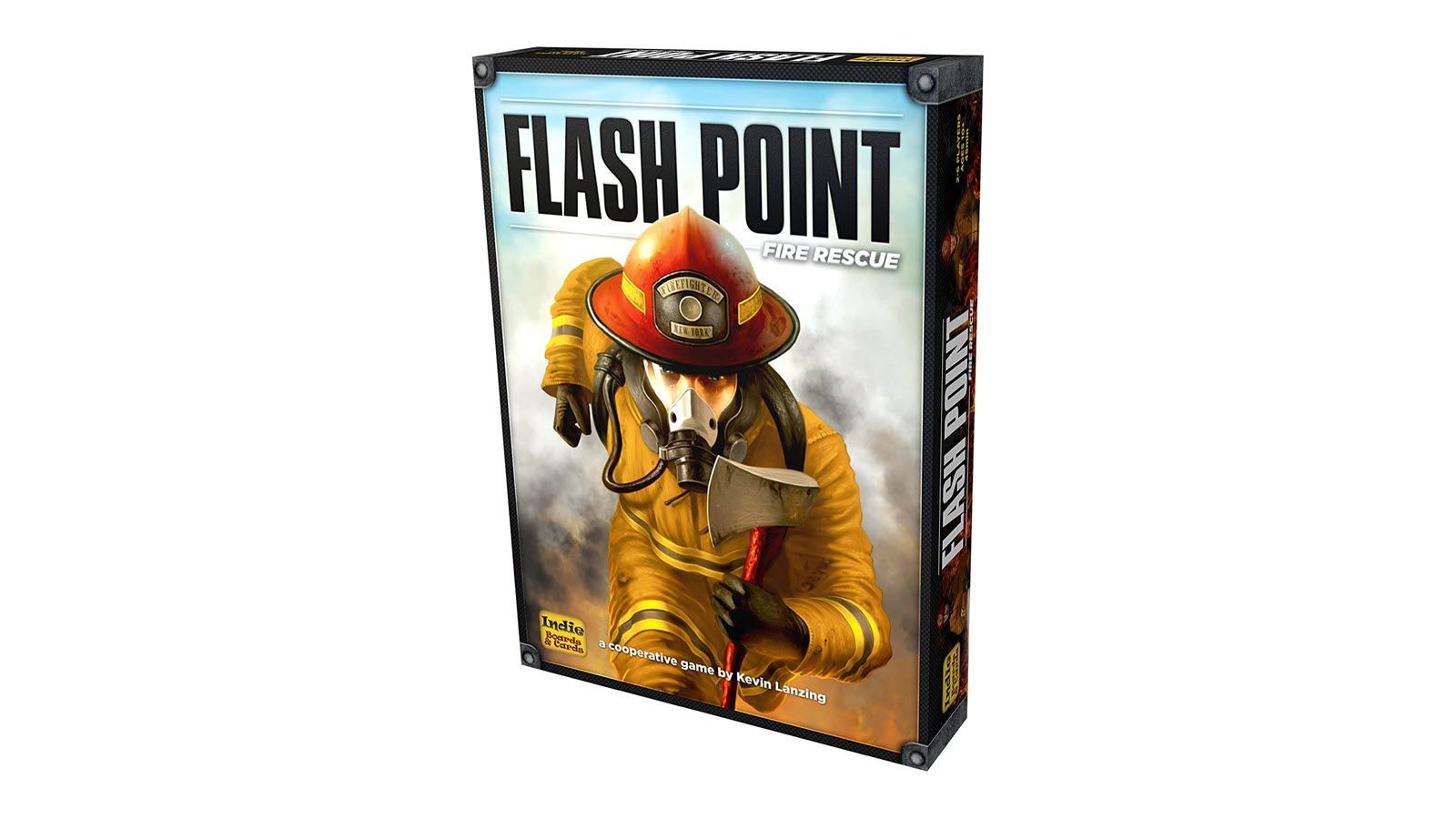 The Flash Point Fire Rescue game box featuring a firefighter holding an axe.
