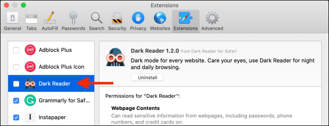 Click on Dark Reader to enable the extension